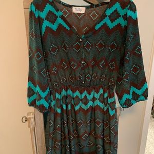 Tribal print turquoise and brown boutique dress
